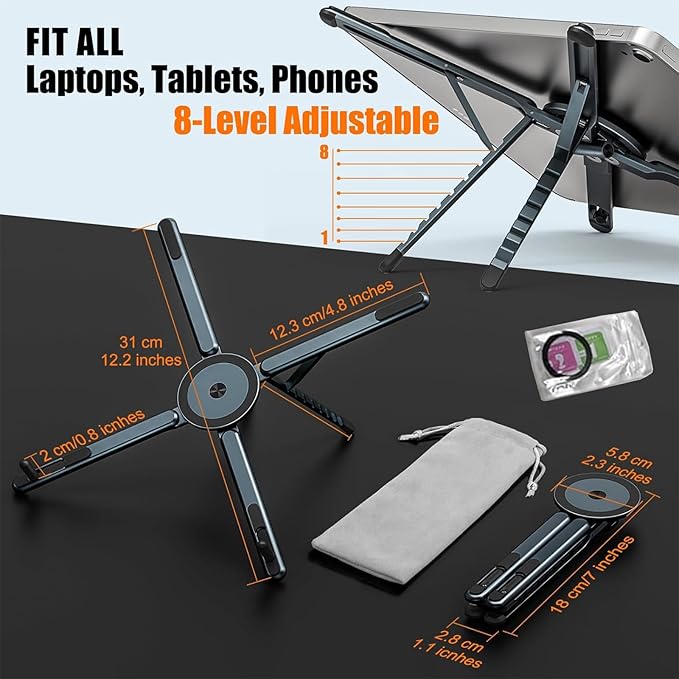 Laptop Stand for Desk, Foldable Aluminum Alloy Magnetic Computer Riser, Ergonomic 8-Level Adjustable Height Travel Laptop Holder,Multi-Functional Stand for 10–16"Laptop,4–13" Tablet and Phone