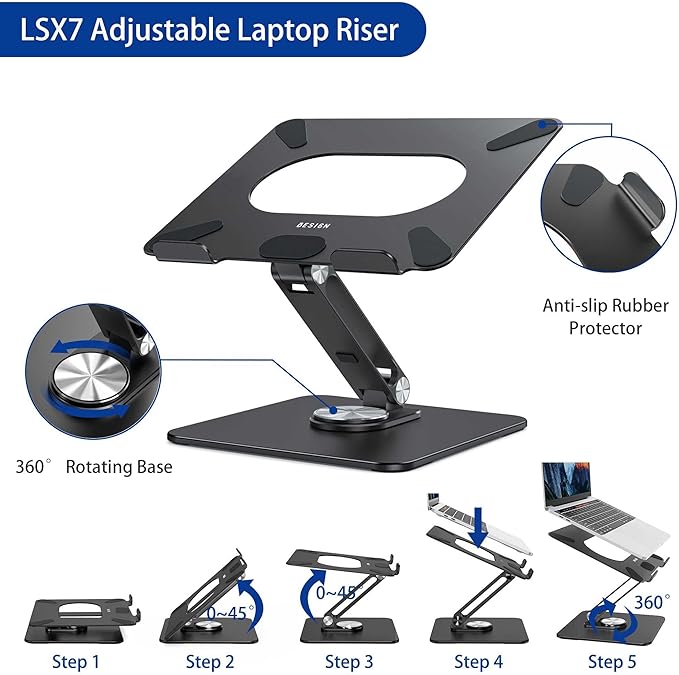 BESIGN LSX7 Laptop Stand with 360 Rotating Base, Ergonomic Adjustable Notebook Riser, Foldable Computer Holder Compatible with 10-15.6" Laptops (Black)