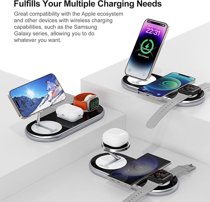 3 in 1 Charging Station for Apple Devices, Faster Mag-Safe Charger Stand, Magnetic Wireless Charger Station for iPhone 17 16 15 14 13 12 Pro Max Plus, Apple Watch iwacth & AirPods, Adjustable Angle