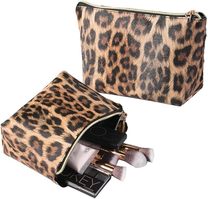 3 Pieces Leopard Print Leather Cosmetic Bags Set,Travel Toiletries Storage Case Portable Cheetah Makeup Organizer Pouch for Women Purse