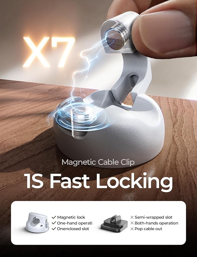 LISEN Cord Holder 8 Pack Magnetic Cable Clips Organizer, for Nightstand [Smooth Adjustable] Adhesive Organizer for Cords Under Desk for Home Office Desk Car Wall Desktop Nightstand-White