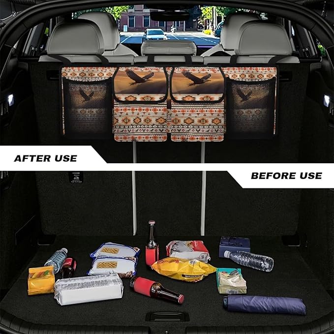 Aztec Tribe Back Seat Trunk Organizer,Eagle Space Saving Car Trunk Storage Organizer with Lid Keep your Trunk Clean and Tidy 4 Large Pockets for Kids,Travel Essentials