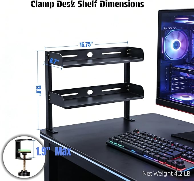 Yuxh Clamp On Desk Shelf 2 Tier Cilp Under Table Organizer, Black-L, 16 inch