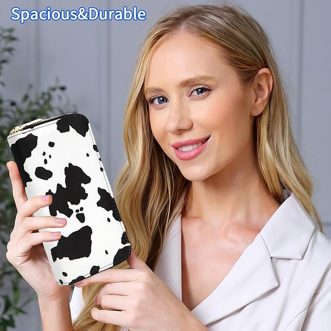 Cow Print Wallet for Women Money Organizers Western Purse Cow Stuff Gifts Double Zipper Ladies Large Capacity Card Cases