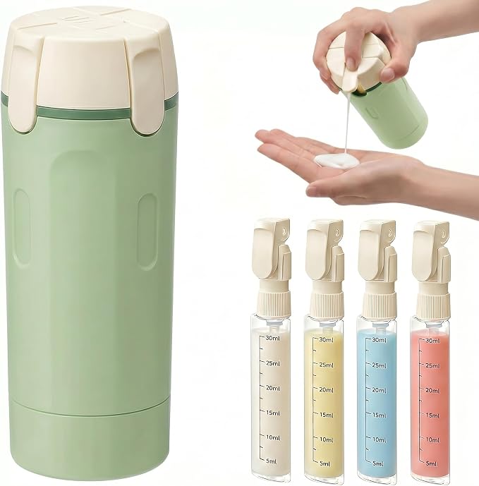 4 in 1 Travel Dispenser Bottle Set, Leak-Proof, Lightweight, Refillable Squeeze Bottles for Travel Toiletries (Green)