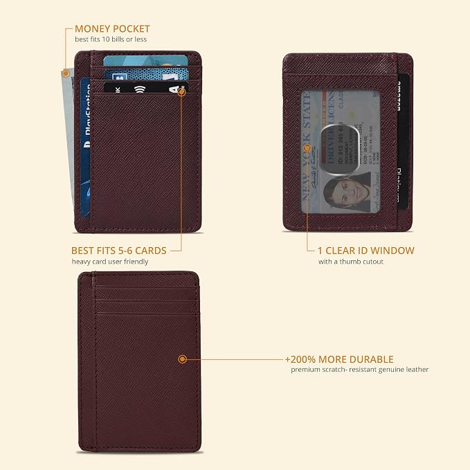 Real Leather Slim Minimalist Wallet for Men and Women -RFID Blocking Front Pocket Thin Credit Card Holder Stylish Wallets (Berry)