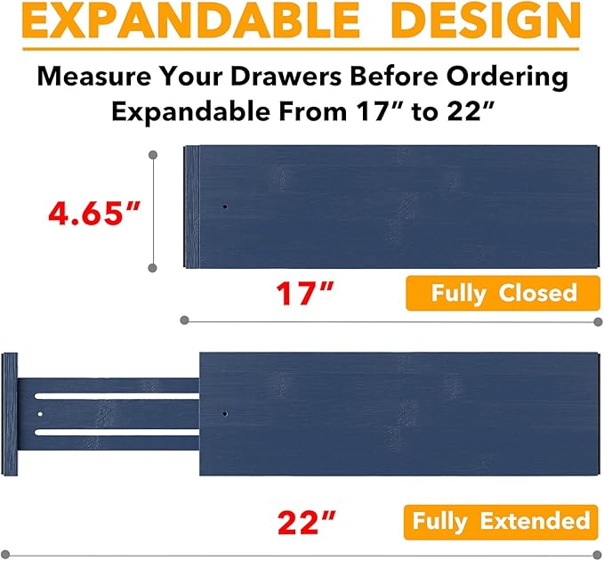 SpaceAid Bamboo 4 Pack Dresser Drawer Dividers, 4.65??High Adjustable 17??22??Drawer Organizers, Expandable Organization for Clothing, Clothes, Dressers, Navy Blue