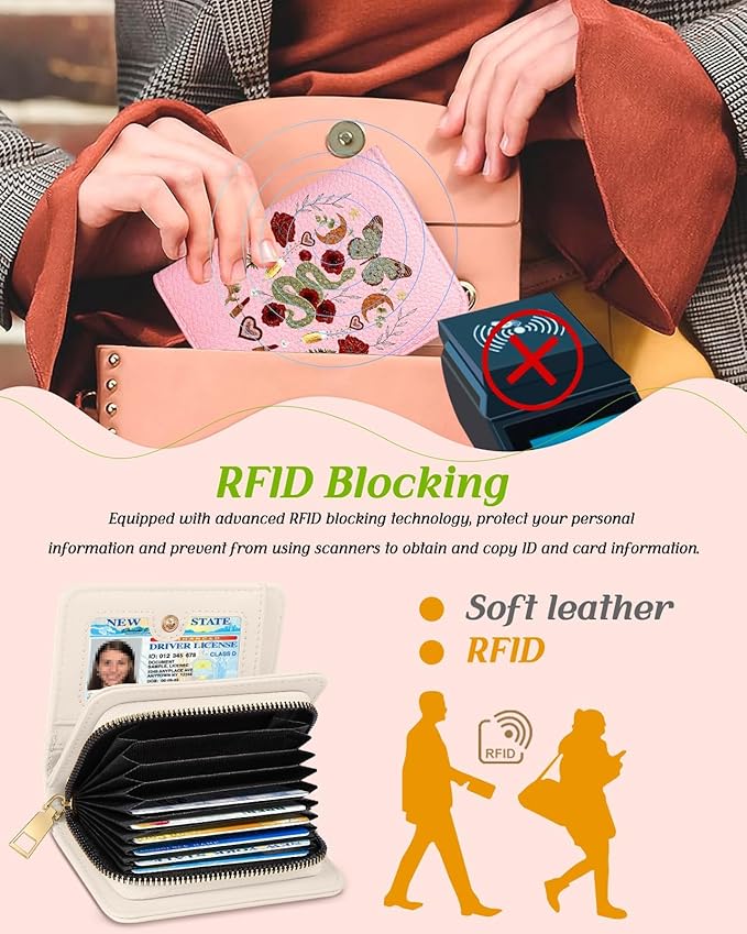 Bistup Credit Card Holder Wallet for Women Cute Leather Ladies Teen Girls Female Cardholder Wallets Accordion Purse Small Medium Aesthetic Merch Print Butterfly Moon Unique Modern Rfid Zipper Around