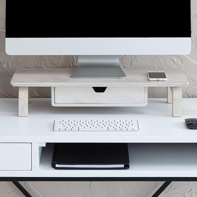 Anji Mountain Monitor Stand - Desktop Organizer & Laptop Riser, Ergonomic Monitor Riser, Space-Saving Monitor Stand for Desk, Durable Construction, Easy Assembly, Ideal for Home & Office,White Wash