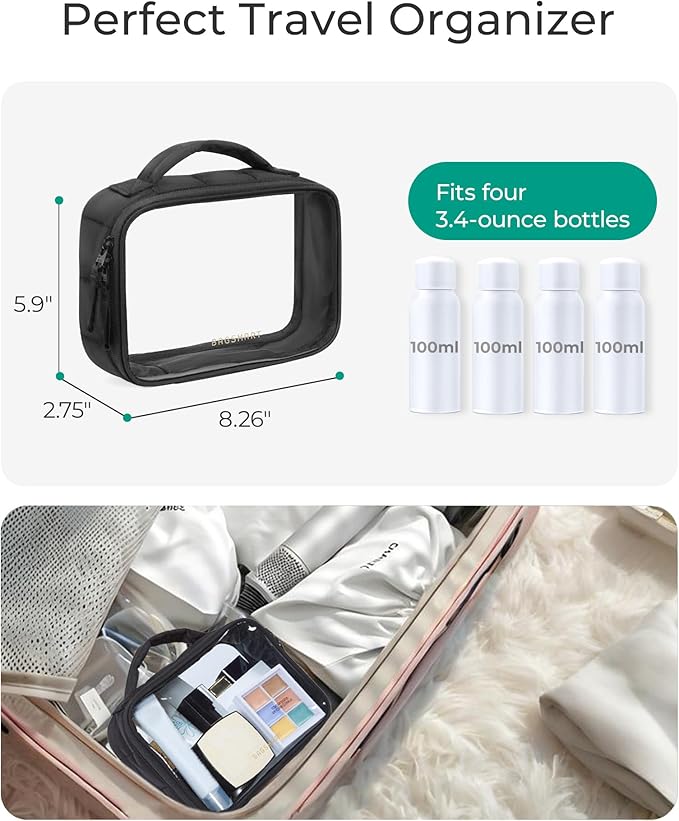 BAGSMART Clear TSA-Approved Toiletry Bag, Puffy Edges Travel Makeup Bag, Large Opening with Handle, Clear Cosmetic Bag with Double Zipper for Women (Black, 2Pack)