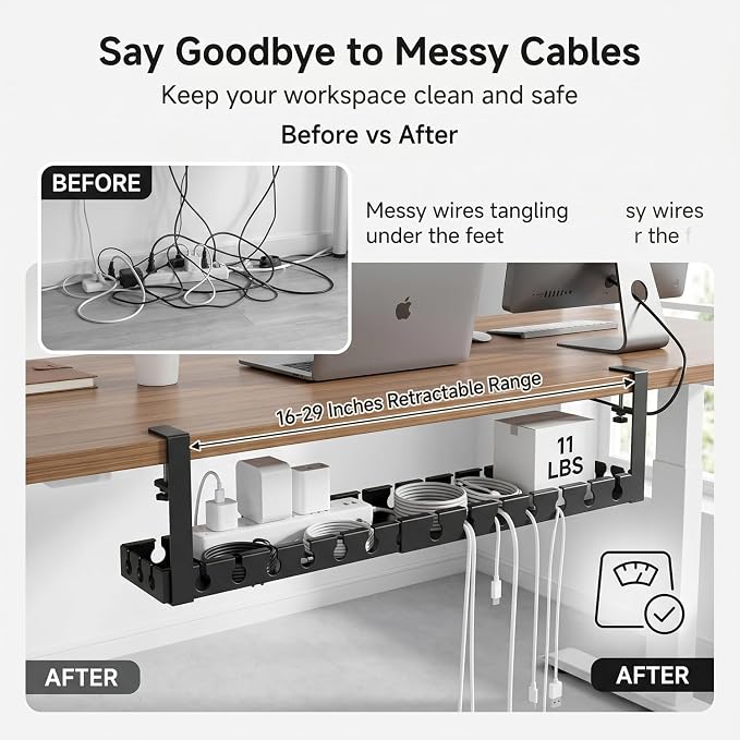 Under Desk Cable Management Tray, Adjustable 15.7"-29.1" Cable Management Tray, No-Drill Metal Cable Storage & Organizer for Home Office, Black