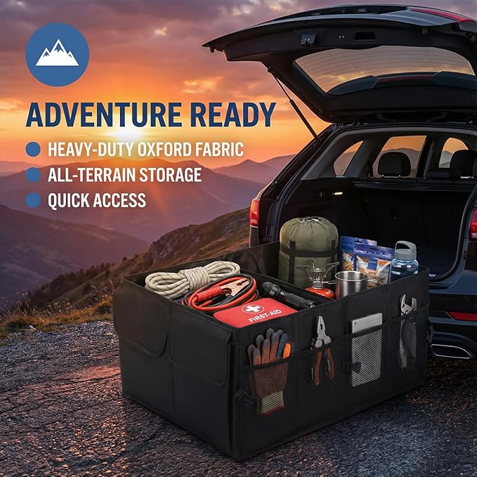 HZEL Car Trunk Organizer, Foldable Large Capacity Vehicle Backseat Cargo Net Storage Container with Handle, Collapsible Waterproof Automotive Trunk Storage Organizer, Universal for Vehicles