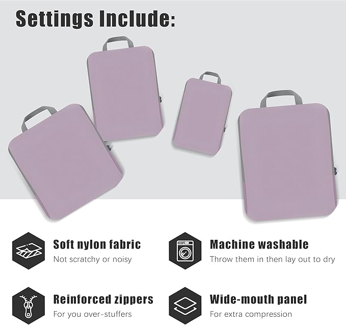 4 Set Compression Packing Cubes Travel - Travel Accessories Expandable Packing Organizers for Carry On - Essentials Luggage Bags - Lavender