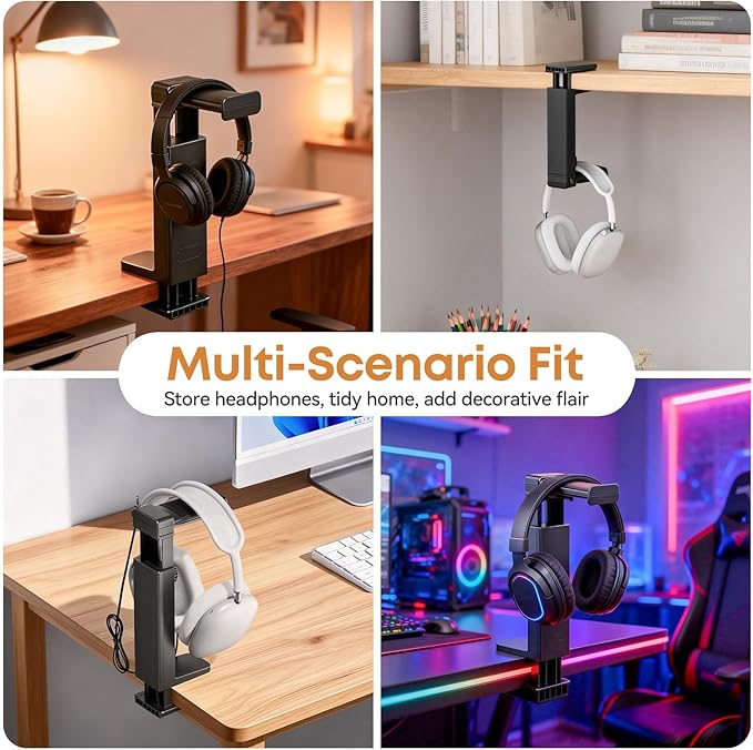 Headphone Stand & Hanger for Desk, 2 in 1 Above & Under Desk Gaming Headset Holder Mount with Height Adjustable & Rotating Clamp, Dual-sided Anti-slip Pad, Earphone Rack with Cable Clip, 1 Hooks