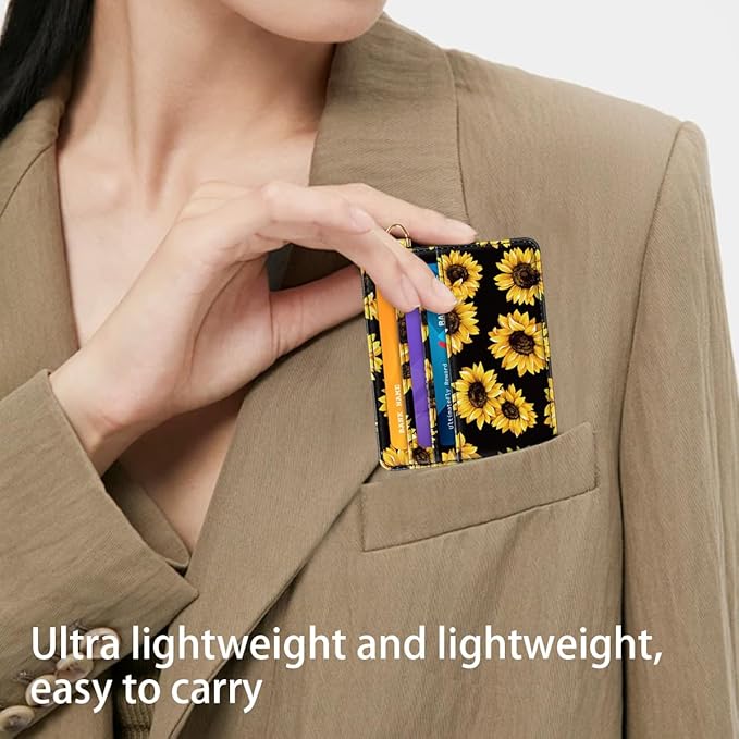 Slim Minimalist Pocket Credit Card Holder Wallet RFID Blocking Lightweight Thin Small Cute Card Cases,Sunflowers