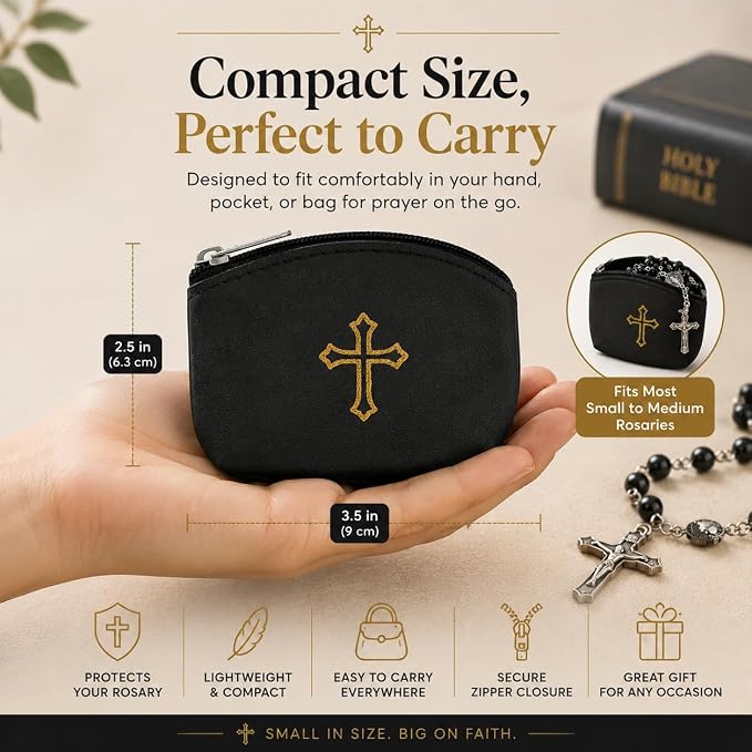 Blue Rosary Pouch with Zipper & Gold St. Thomas Cross Imprint | Compact Leatherette Rosary Case for Small to Medium Rosaries | Protective Travel Rosary Holder for Men & Women