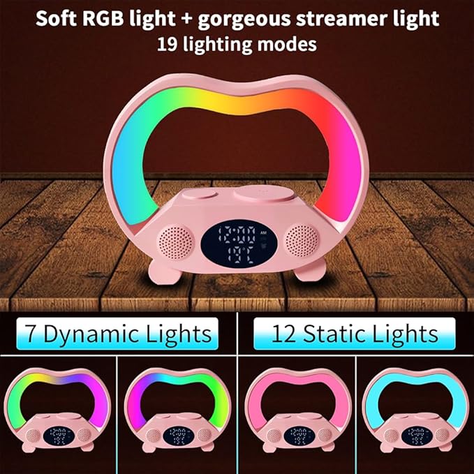 IHAO 6in1 Wireless Charging Station with Bluetooth Speaker Time&Temperature Display Alarm Clock 7-Color LED Night Lights Fast Charger for Phone, Apple Watch, Earbuds Remote Control Auto Shutoff-Pink