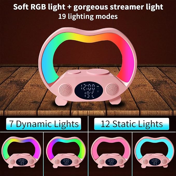 IHAO 6in1 Multi Functional Wireless Charger Bluetooth Speaker Time&Temperature Display Alarm Clock 7-Color LED Night Lights Fast Charger for Phone Apple Watch Earbuds Remote Control-White