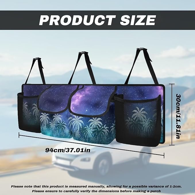 Starry Sky Back Seat Trunk Organizer,Coconut Tree Design Car Trunk Storage Organizer with Lid Keep your Trunk Clean and Tidy 4 Large Pockets Not Easy to Fade
