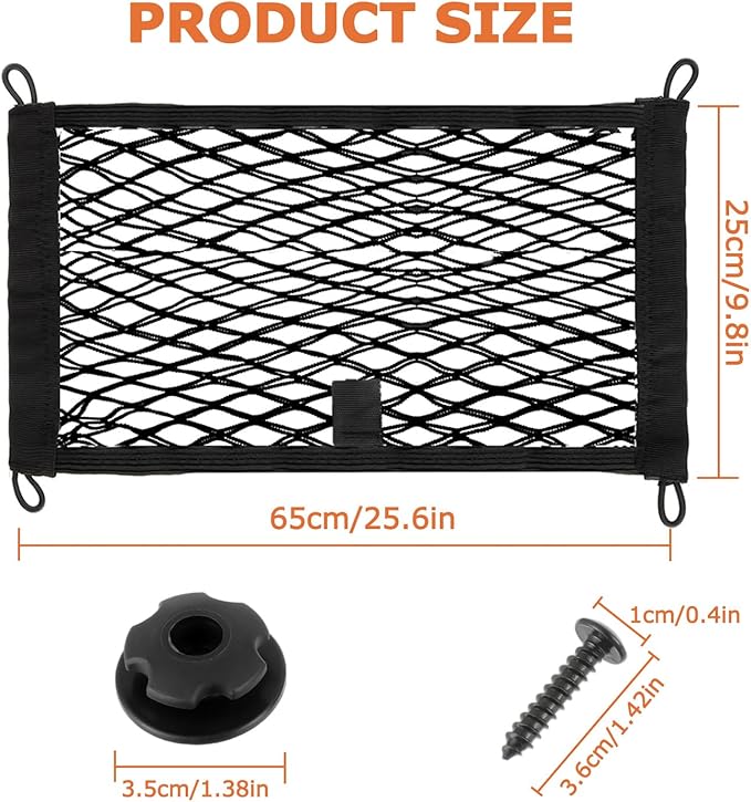 25.6'' x 9.8'' Universal Elastic Cargo Net Pocket with Screws & Hooks for Trunk RV Boats Home Cargo Storage – Keeps Items Secure & Organized(2 Pack)
