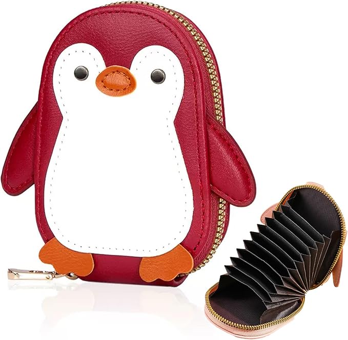 Cute Cartoon Penguin-shaped Coin Purse PU Leather Accordion Card Holder Large Capacity Zippered Money and Card Organizer Portable Mini Coin Purse (red)