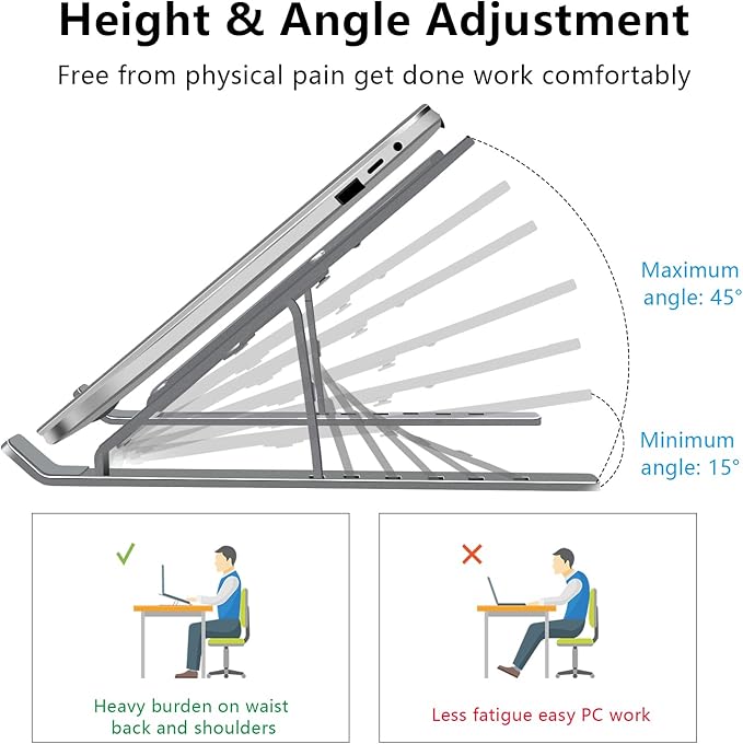 Laptop Stand, Aluminum Full Coverage Non-Slip Rubber Adjustable Ergonomic Portable Laptop Holder, Foldable Computer Stand 6 Angles Anti-Slip Riser Compatible with 4-17 inch