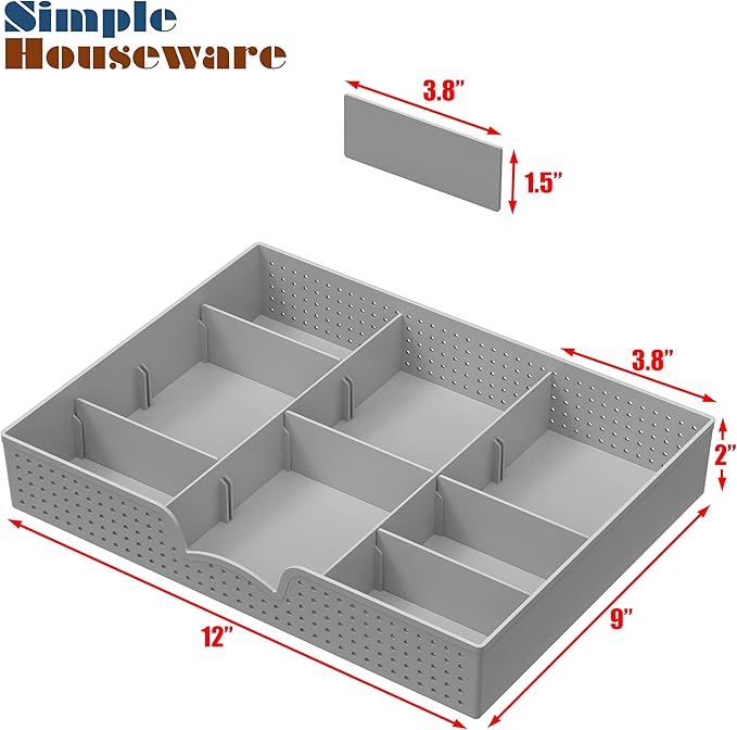 Simple Houseware Drawer Organizer Tray with 9 Adjustable Compartments, Gray
