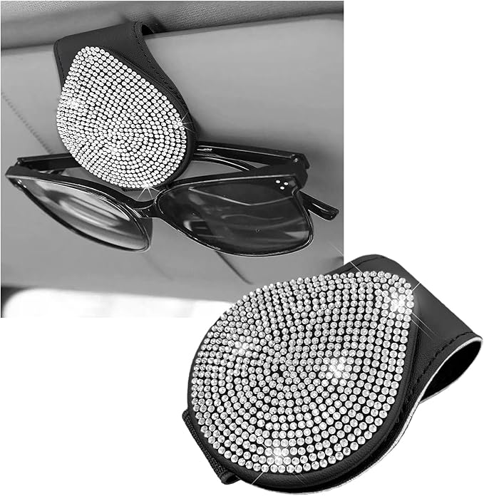 KVAEY Bling Sunglass Holder for Car Visor, Magnetic Leather Visor Clip Glasses Holder with Sparkling Rhinestones, Crystal Visor Ticket Card Clip for Women Girls, Car Accessories (Black & White)