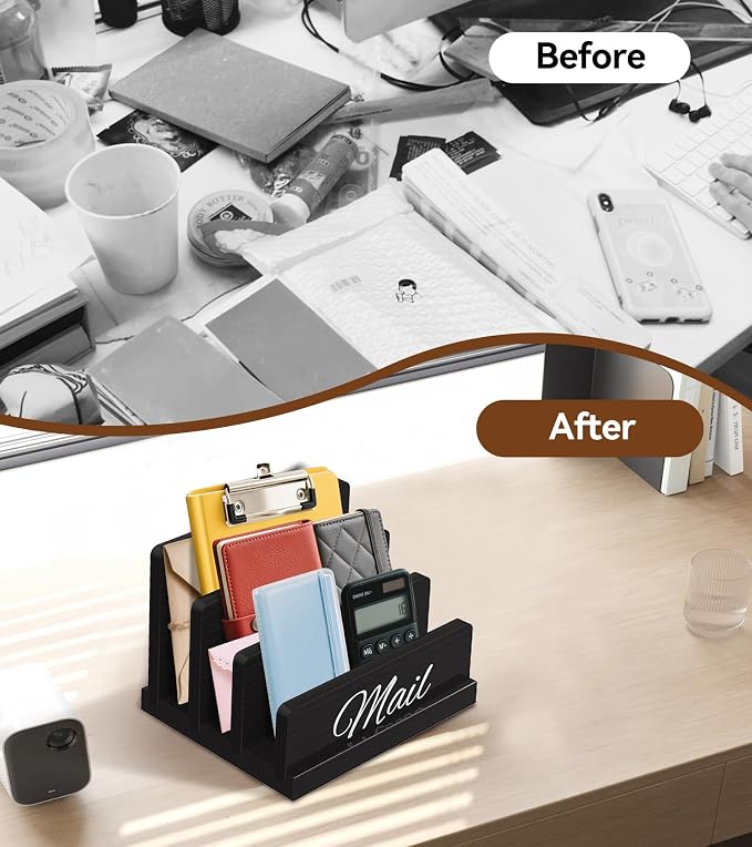 Mail Organizer for Desk,Wooden Mail Holder with Divider, 3-Slot Letter Sorter File Holder,Vertical Bill Organizer for Desktop Document/Notebook/Filing/Folders/Paper