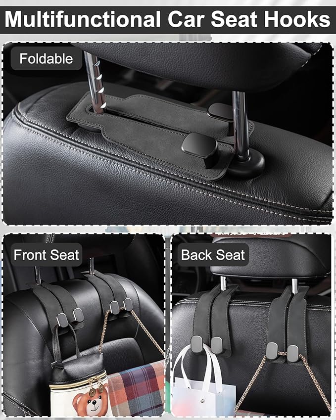 2 Pcs Car Hooks for Headrest, Adjustable Vehicle Seat Back Car Organizers and Storage Accessories, Universal Fit Double Metal Leather Purse Holder for Car (Grey)