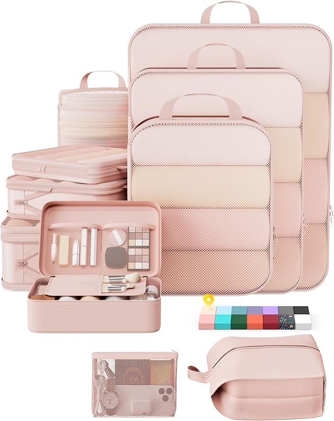 Veken 10 Set Compression Packing Cubes for Travel Essentials,Compressible Expandable Large Luggage Suitcase Organizer Bags for Clothing,Durable Space Saver Storage Bags with Makeup Bag(Beige)