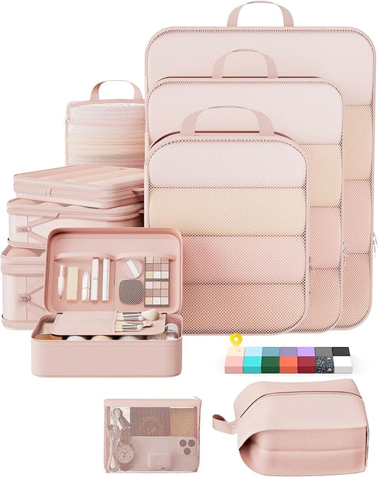 Veken 10 Set Compression Packing Cubes for Travel Essentials,Compressible Expandable Large Luggage Suitcase Organizer Bags for Clothing,Durable Space Saver Storage Bags with Makeup Bag(Beige)