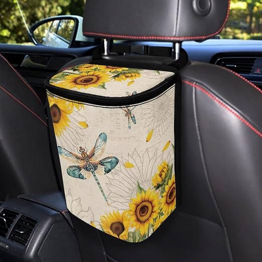 Car Trash Bin Collapsible Cars Organizers and Storage for Front Seat Multipurpose Trash Bag Automotive Garbage Can Cars Accessories Interior Car Organizer, Dragonfly Sunflower
