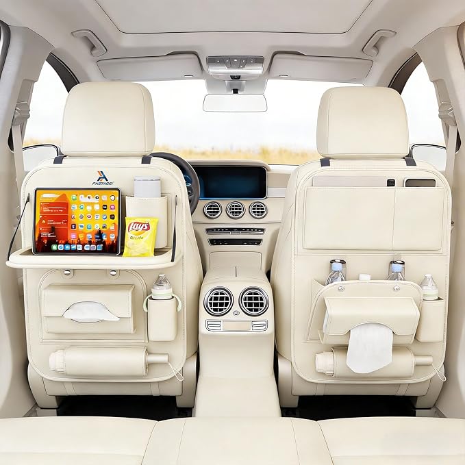 2 Pack Universal Premium Leather Foldable Car Backseat Organizer with Table Tray, Car Seat Back Protector with Garbage Bag Touch Screen Pad Holder, Car Kick Mats with Tissue Box (Beige)