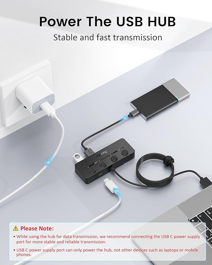 Aceele USB Hub 3.0 with Individual LED Power Switches & Type C Power Port, Multiport USB Splitter 3.0 with 4FT Long Cable, Slim & Portable USB Port Extender for Laptops, PC, MacBook, Mac Pro and More
