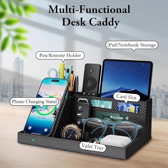 TopMade Wireless Charger Nightstand Organizer, Multi-Functional Leather Home Office Supplies, Fast Charging Station for iPhone, Remote Control Pen Holder, Desktop Storage (Black Carbon Fiber)