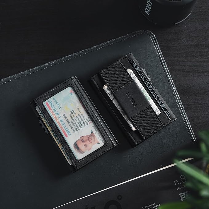 VULKIT Mens Minimalist Wallet for Max. 8 Cards with Pop-Up Credit Card Ejector RFID Blocking, ID Window and Elastic Strap for Bills or Keyring, Gift Box Packed, Black