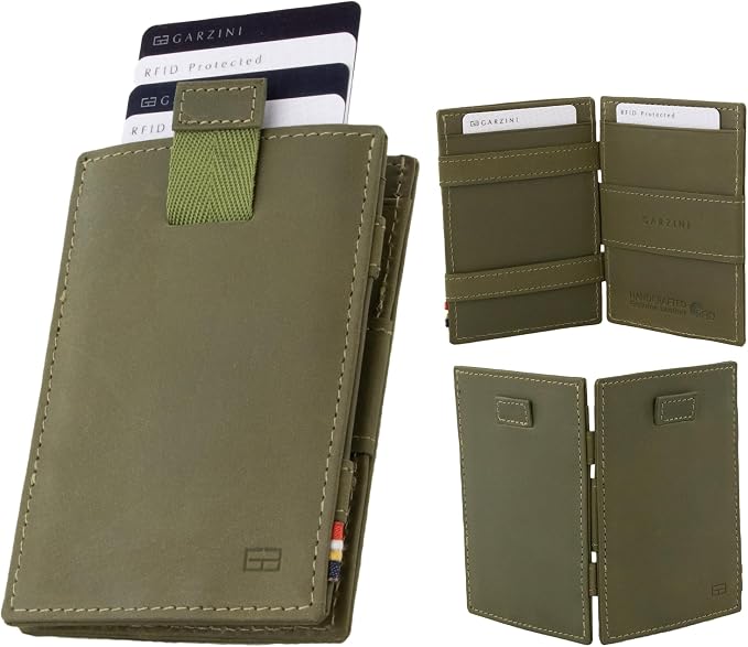 GARZINI Magic Wallet with Pull-Tab, Minimalist Wallet with RFID card holder, Leather Wallet for 12 cards, Olive Green