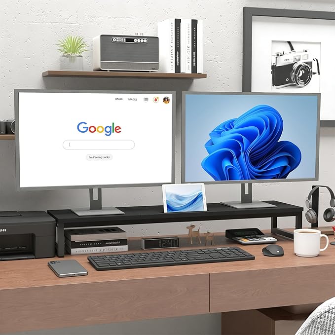 Dual Monitor Stand Riser, 38.7'' Long Wood and Steel Monitor Stand for 2 Monitors, Ergonomic Desktop Organizer with Tablet Stand for Computer,Laptop,TV (Black)
