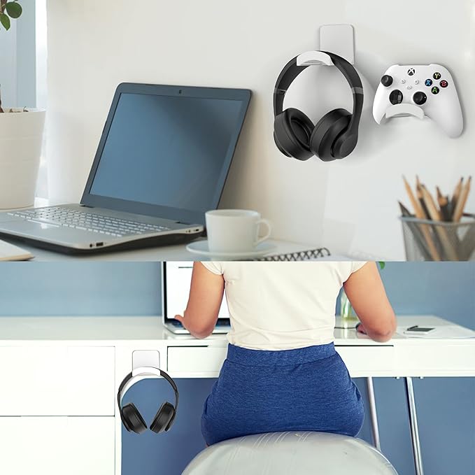 HomeMount Headphone Stand - Adhesive Gaming Headset Hanger Hook Desk Mount for Most Headphones & Controllers (White 2Pack)