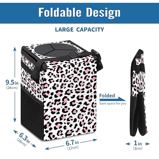 Car Trash Can Cheetah Pink Black Leopard Print Wate-rproof Auto Garbage Bag Car Trash Can with Lid Leak-Proof Car Storage Bag Hanging for Headrest Collapsible and Portable with Storage Mesh Pocket