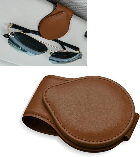 Sunglasses Holders for Car Visor, PU Leather Car Organizer, Magnetic Glasses Holder and Ticket Card Clip, Multi-Functional Auto Sun Visor Eyeglass Holder for Most Vehicles (Brown)