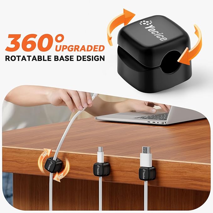 12Pack Rotatable Cord Organizer,Spring Cable Clips Desk Cable Management Cord Holder Adhesive Phone Charger Cord Clips for Home Office Car Wall Nightstand Accessories, Black
