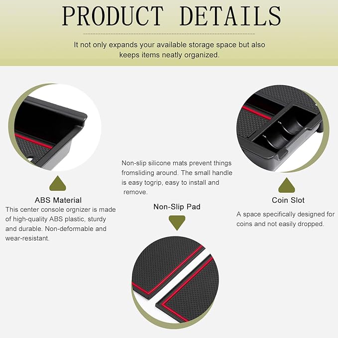 JDMCAR Center Console Tray Organizer Compatible with Toyota Tacoma Accessories 2016-2022 2023, Armrest Insert Container ABS Material Secondary Storage Box-(Red Trim)