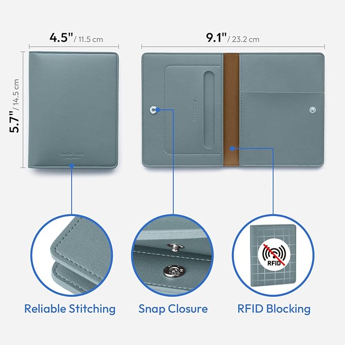 carrotez Family Travel Document Organizer – Premium RFID Blocking Leather Passport Holder & Wallet for 2 Passports, Cards, Boarding Passes & Travel Essentials – Fog Blue
