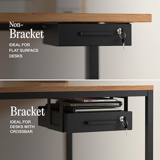 Under Desk Drawer Slide-Out – Lockable Metal Storage Drawer with Cable Management for Office & Home (Single, Non-Bracketed)