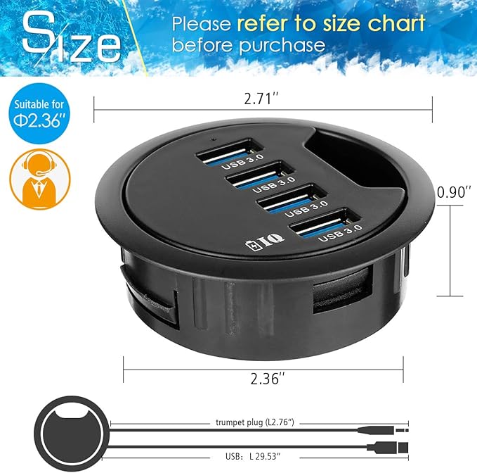 WDX Grommet Hole in Desk USB 3.0 4 Port Hub/BC 1.2 USB Charger, for iPad/Tablet and iPhone/Smart Phones