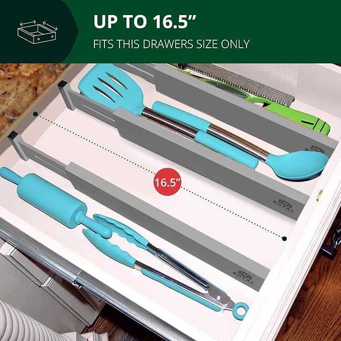 ROYAL CRAFT WOOD Adjustable Bamboo Drawer Dividers Organizers - Expandable Drawer Organization Separators For Kitchen, Dresser, Bedroom, Bathroom and Office, 4-Pack (Short (up to 16")) (Gray)