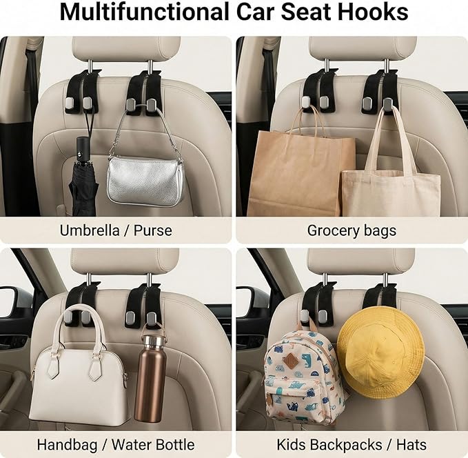 2-Pack Premium Purse Hook for Car, All-Metal Dual Hooks with Thickened Suede Leather - High Load-Bearing, Easy Installation, Universal Car Hooks for Purses and Bags