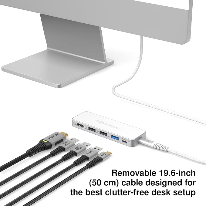 USB-C 5-in-1 Hub Pro Series: 4K 60Hz HDMI, 100W PD Charging, USB 3.0 Data, 20" Detachable Cable. Multiport Adapter for MacBook Pro/Air, iPad, Windows, Thunderbolt 3/4 (Silver White)